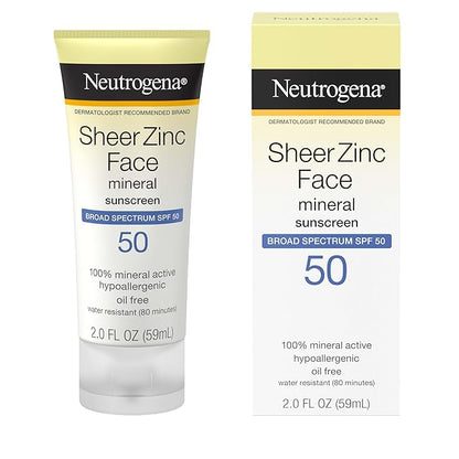 Neutrogena Sheer Zinc Oxide Dry-Touch Mineral Face Sunscreen Lotion with Broad Spectrum SPF 50, Oil-Free, Non-Comedogenic & Non-Greasy, Hypoallergenic, 2 fl. oz