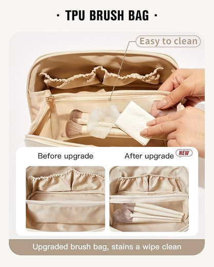 EACHY Travel Makeup Bag,Large Capacity Cosmetic Bags for Women,Waterproof Portable Pouch Open Flat Toiletry Bag Make up Organizer with Divider and Handle