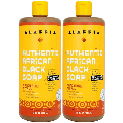 Alaffia Authentic African Black Soap, Tangerine Citrus, 2-Pack – All-in-One Moisturizing Cleanser for Face, Hands, Body & Hair, 32 Oz Ea