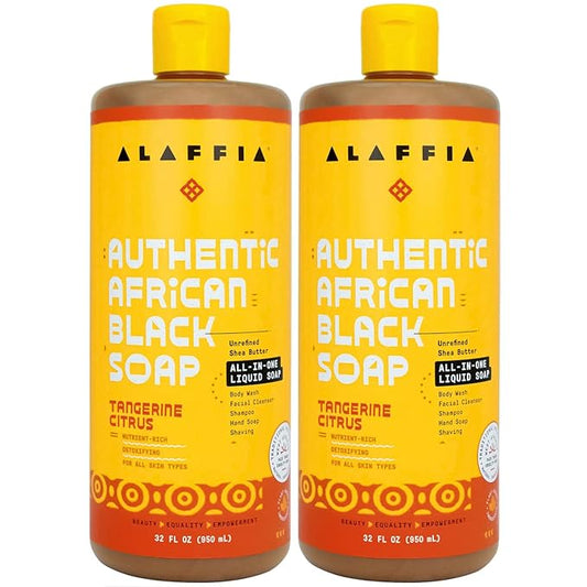 Alaffia Authentic African Black Soap, Tangerine Citrus, 2-Pack – All-in-One Moisturizing Cleanser for Face, Hands, Body & Hair, 32 Oz Ea