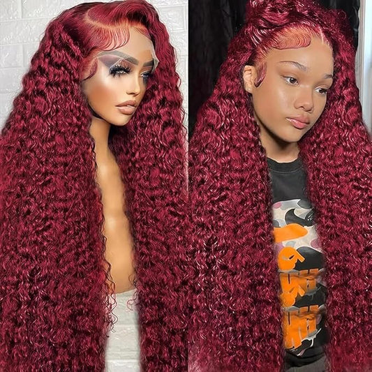 CHEETAHBEAUTY 99J Burgundy Deep Wave 13X6 HD Transparent Lace Front Wigs Human Hair Brazilian Virgin Human Hair Wigs for Black Women Pre Plucked with Baby Hair 250% Density(20inch)