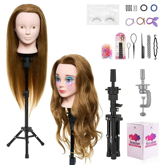 Neverland Beauty Mannequin Head with 80% Real Human Hair with Tripod Stand, 26 Inch Makeup Hairdressing Training Head Braiding Mannequin Head Manikin Styling Head Cosmetology Practice Doll Head