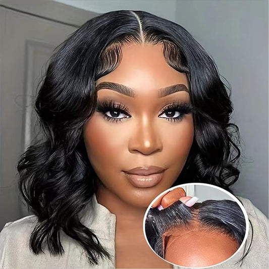 5x5 Closure Bob Wig Human Hair Body Short Bob Wig Wear and Go Glueless Wigs Transparent Lace Wig Pre Plucked for Women 180% Density Brazilian Virgin Bob Wig (5x5 Natural Color, 12 Inch)