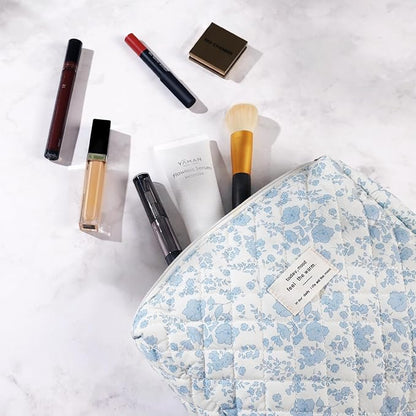 Makeup Bag, 3 Pcs Cotton Floral Quilted Makeup Bag Set, Large Toiletry Travel Cosmetic Bag for Women