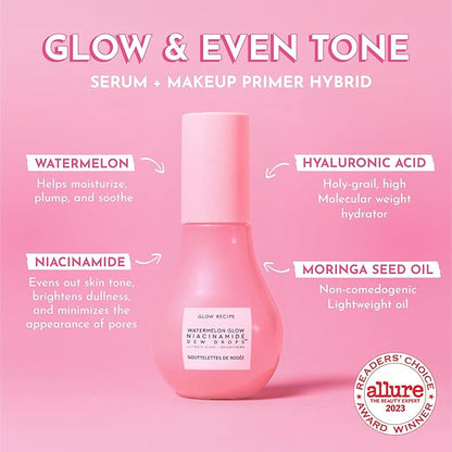 Glow Recipe Watermelon Niacinamide Dew DropS - Brightening, Plumping Hydrating Face Serum, Makeup Primer + Liquid Highlighter with Hyaluronic Acid - Dewy & Glowing Korean Skin Care (40ml)