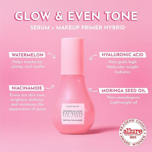 Glow Recipe Watermelon Niacinamide Dew DropS - Brightening, Plumping Hydrating Face Serum, Makeup Primer + Liquid Highlighter with Hyaluronic Acid - Dewy & Glowing Korean Skin Care (40ml)