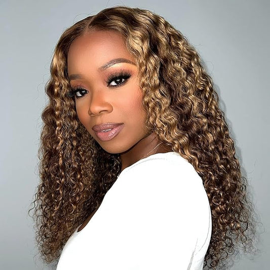 Highlight Ombre 13x6 Lace Front Wigs Human Hair 180 Density Curly Honey Blonde 4/27 HD Transparent Frontal Wig for Women Deep Wave Pre Plucked Bleached Knots 18 Inch