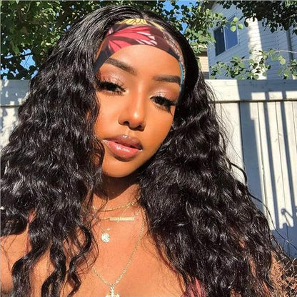 Beauty Forever Headband Human Hair Wigs Water Wave Glueless Human Hair Wigs With Pre-attached Scarf Non Lace Front Wigs for women Natural Color 150% Density 18 Inch