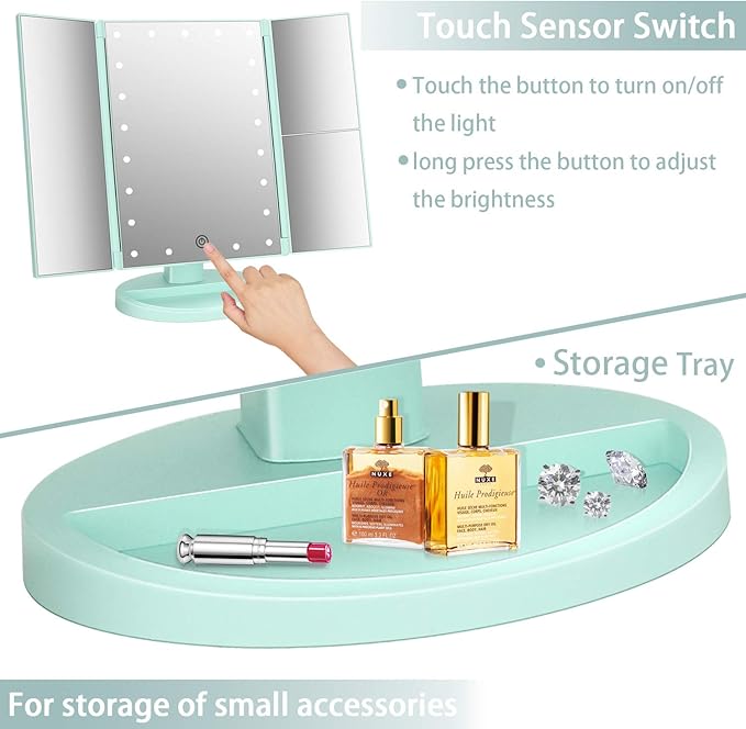 deweisn Tri-Fold Lighted Vanity Mirror with 21 LED Lights, Touch Screen and 3X/2X/1X Magnification, Two Power Supply Mode Make up Mirror,Travel Mirror (Green)