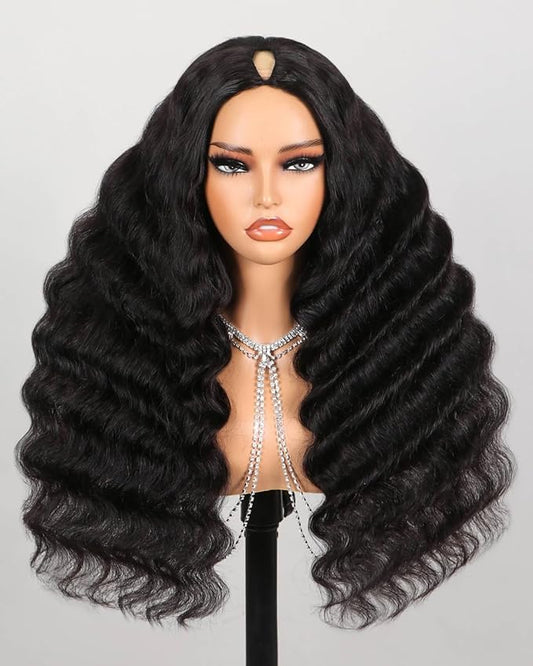 12A Glueless V Part Wig Human Hair 200% Density Loose Deep Curly Wig Human Hair Half Wig U Part Wig No Sew In No Glue Beginner Friendly 18 Inch