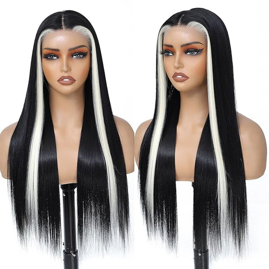 Glueless 7x5 Lace Front Wig for Women Skunk Stripe Wig Synthetic Lace Wig Pre Plucked HD Lace Straight Wig Ready to Wear Long Straight Black and Blonde Wig 26inch