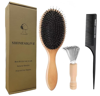 Paddle Hair Brush with Boar Bristles for All Hair Types, Professional Styling Brush for Men, Women (Brown)