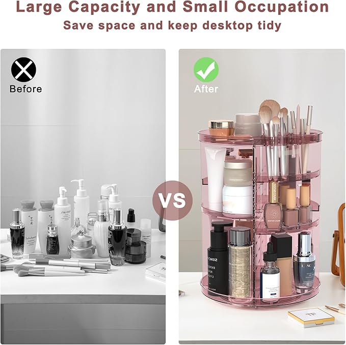 Rotating Makeup Organizer, DIY 8 Adjustable Layers 360 Spinning Skincare Organizers, Makeup Storage Carousel Tower with Brush Holder & Perfume Trays, Cosmetic Display Case for Vanity Bathroom