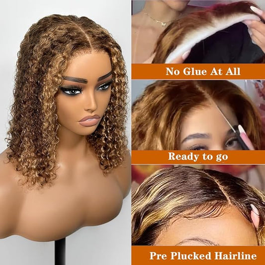 Wear And Go Glueless Wigs Human Hair Pre Plucked Pre Cut 4/27 Highlight Curly Bob Lace Closure Wigs 5x5 HD Lace Closure Wigs Human Hair For Black Women 180% Density Water Wave Lace Front Wig 14 Inch