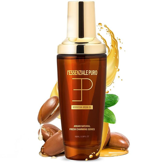 L'Essenziale Puro Moroccan Argan Oil - Argan Oil For Hair - Hydrating Moroccan Hair Oil and Body Oil For Women and Men - Adds Shine, Controls Frizz - Luxury Beauty Elixir From Dubai (100ml/3.38 Fl Oz)