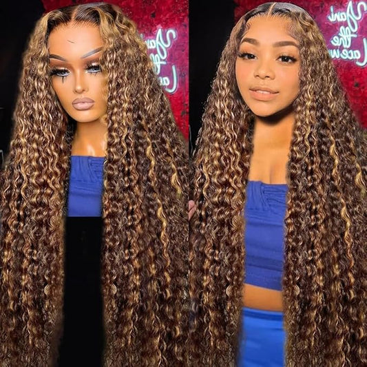 CHEETAHBEAUTY #4/27 Ombre Highlight Deep Wave 13X6 HD Transparent Lace Front Wigs Human Hair Brazilian Deep Curly Wigs for Black Women Pre Plucked with Baby Hair 250% Density(34inch)