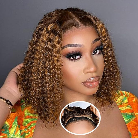 Wear And Go Glueless Wigs Human Hair Pre Plucked Pre Cut 4/27 Highlight Curly Bob Lace Closure Wigs 5x5 HD Lace Closure Wigs Human Hair For Black Women 180% Density Water Wave Lace Front Wig 14 Inch