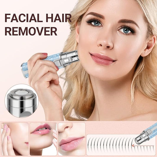 Facial Hair Remover for Face Lip, Electric 2 in 1 Face Shaver and Eyebrow Trimmer, Rechargeable Blue Nose Hair Trimmer for Women with Built-in LED Light