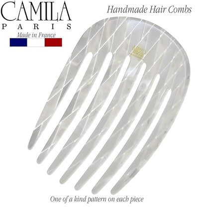 Camila Paris CP3408 French Hair Side Comb Rounded, Nacro White, Handmade French Twist Hair Combs, Strong Hold Hair Clips for Women Bun Chignon, No Slip Styling Girls Hair Accessories Made in France