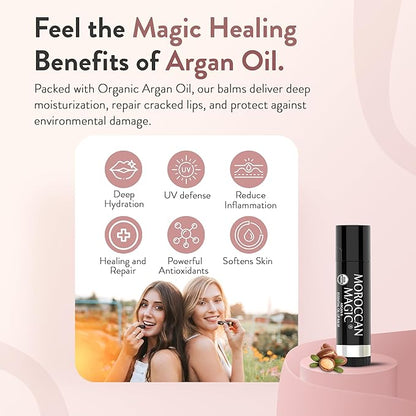Moroccan Magic Organic Peppermint Eucalyptus Lip Balm 3 Pack | Chapsticks for Dry Lips | Natural Argan & Essential Oils Lip Moisturizer + Vitamin E | Smooth, Hydrating, Non-Toxic | Organic Lip Balm