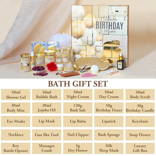 25Pcs Happy Birthday Gifts for Women - Luxury Birthday Advent Calendar Presents Bath and Body Birthday Gift for Sister, Girlfriend, Wife, Mom with Necklace｜Birthday Gift Set Idea for Female Friends