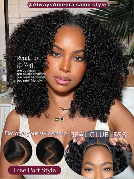 Beauty Forever 7X5 Bye Bye Knots Wear and Go Kinky Curly Wigs Precut Lace Front Wig Human Hair Glueless Wig,Put on and Go Beginner Wigs 150% Density Natural Color 18 Inch