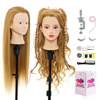 Neverland Beauty Mannequin Head with 60% Real Human Hair, 26 Inch Makeup Cosmetology Mannequin Doll Head for Hair Styling, Training Practice Braiding Manikin Head with False Eyelashes Hair Styling Set