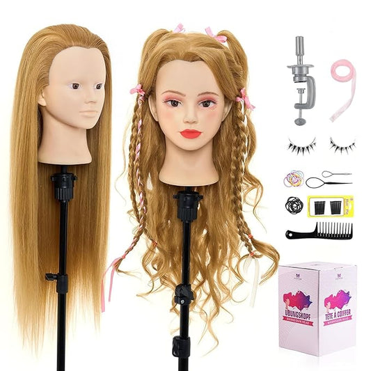 Neverland Beauty Mannequin Head with 60% Real Human Hair, 26 Inch Makeup Cosmetology Mannequin Doll Head for Hair Styling, Training Practice Braiding Manikin Head with False Eyelashes Hair Styling Set
