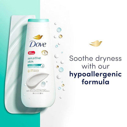 Dove Body Wash Sensitive Skin 4 Count Hypoallergenic, Paraben-Free, Sulfate-Free, Cruelty-Free, Moisturizing Skin Cleanser Effectively Washes Away Bacteria While Nourishing Skin 20 oz
