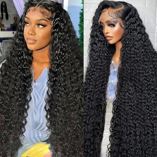28Inch Deep Wave Lace Front Wigs Human Hair Brazilian 10A Grade Deep Curly 13X6 HD Transparent Lace Front Human Hair Wigs for Black Women Pre Plucked with Baby Hair Natural Black 250% Density