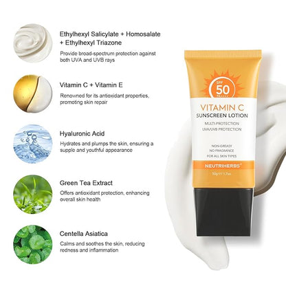 NEUTRIHERBS Sunscreen Tinted SPF 50 for Face & Body, PA++++ Sunblock Lotion, Broad Spectrum, Vitamin E and Vitamin C Face Sunscreen, Travel Sunscreen