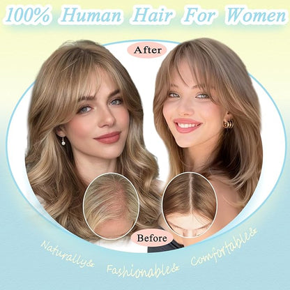 Hair Toppers for Women Real Human Hair, 360° 3D Toppers Pieces for Women with Thinning Crown Wispy Bangs 12 Inch Upgrade Big Basement (Natural Black, 12 Inch Wispy Bangs)