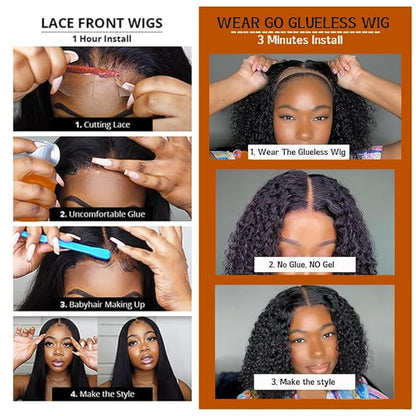 Glueless Bob Wigs Human Hair Pre Plucked Pre Cut Short Curly Human Hair Wigs for Black Women 5x5 HD Lace Closure Water Wave Wear and Go Glueless Wigs 180% Density 12 Inch