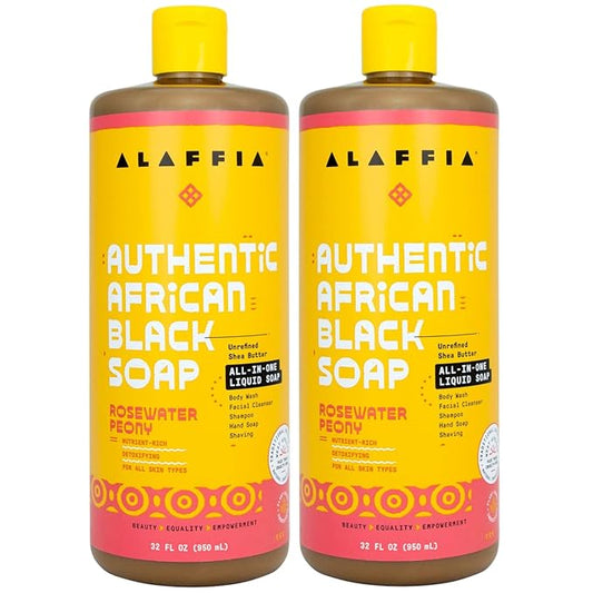 Alaffia Authentic African Black Soap, Rosewater Peony, 2-Pack – All-in-One Moisturizing Cleanser for Face, Hands, Body & Hair, 32 Oz Ea