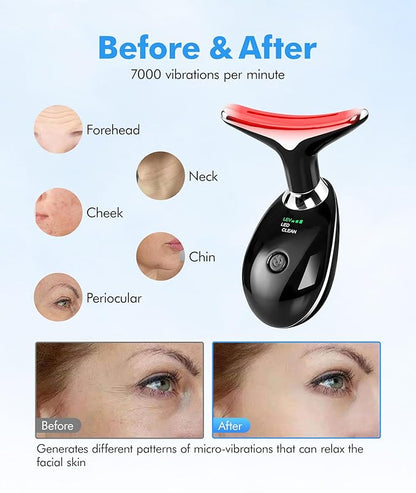 Red-Light-Therapy-for-Face-and-Neck, 7 Color Face Massager Tool for Wrinkles, Double Chin, Vibrating Facial Massager with Thermals for Skin Care, Glossy Black