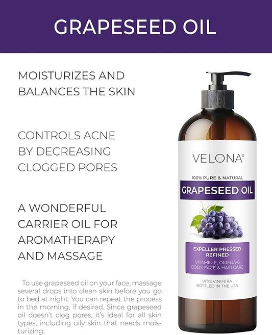 Grapeseed Oil by Velona - 32 fl oz | 100% Pure and Natural Carrier Oil | Refined, Cold Pressed | Cooking, Skin, Face, Body, Hair Care | Use Today - Enjoy Results