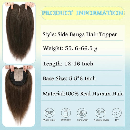 Hair Toppers for Women Real Human Hair, 360° 3D Toppers Pieces for Women with Thinning Crown Side Bangs 14 Inch Upgrade Big Basement (Medium Brown, 14 Inch Side Bangs)