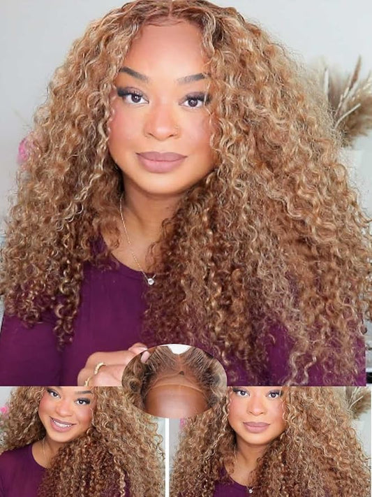 Beauty Forever Pre Everything Highlight Curly 13x4 Lace Front Wig Glueless Put on and Go Wig Human Hair, Pre Plucked Honey Blonde Pre Cut Lace Wig Pre Bleached Knots for Beginner 150% Density 22inch