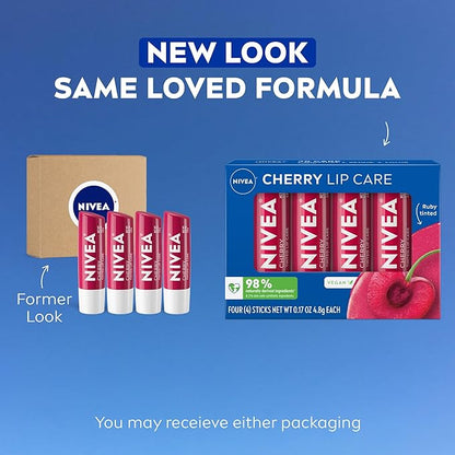 NIVEA Cherry Lip Care, Tinted Lip Balm Pack with Shea Butter, Nourishing Oils and Vitamin C & E, 3-in-1 Moisture, Repair and Color, 0.17 Oz Stick, Pack of 4