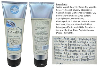 A LA MAISON Moisturizing Lotion, Fresh Sea Salt - Uses: Hand and Body, Argan Oil, Pure Shea Butter, Essential Oils, Plant Based, Cruelty-Free, SLS and Paraben Free (8 Oz, 2 Pack)