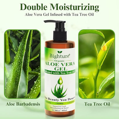 Aloe Vera Gel with Tea Tree Oil for Face, Skin, Hair, Sunburn relief, Organic Aloe Vera Gel from Freshly cut 100% Pure Aloe,13.7oz