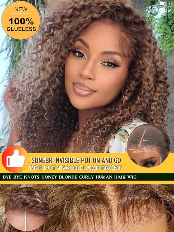 Sunber Curly Human Hair Lace Front Wig Put On and Go Bye Bye Knots Highlight Honey Blonde Curly 13x4 Lace Front Pre Cut Lace With Baby Hair 180% Density No Glue 3S Wear and Go 18Inch Beginner Friendly