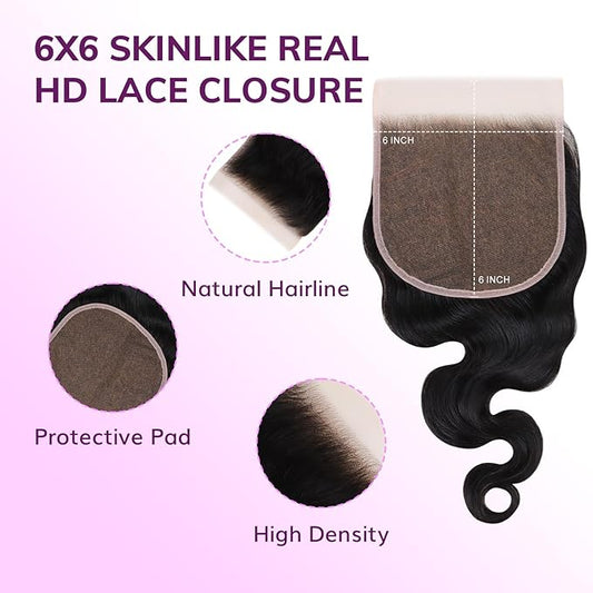 IDN Beauty Skinlike Real HD 6x6 Lace Closure Human Hair 18 Inch Body Wave - Bleached Single Knots, Ultra-thin 0.1 mm Pre-Plucked Hairline Virgin Human Hair