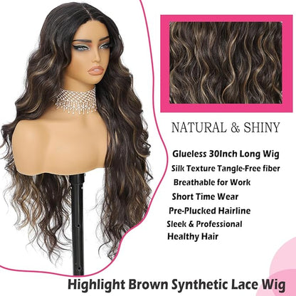 30 Inch Highlight Brown Synthetic Lace Front Wig for Women 4x1 Pre Plucked Long Body Wave Wig Synthetic Hair Natural Hairline Glueless Wigs for Beginners Middle Part for Daily Party Use