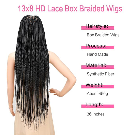 13x8 HD Lace Front Knotless Box Braided Wigs With Baby Hair Black Human Hair Blended Lace Frontal Box Braid Wigs for Women 36 Inch