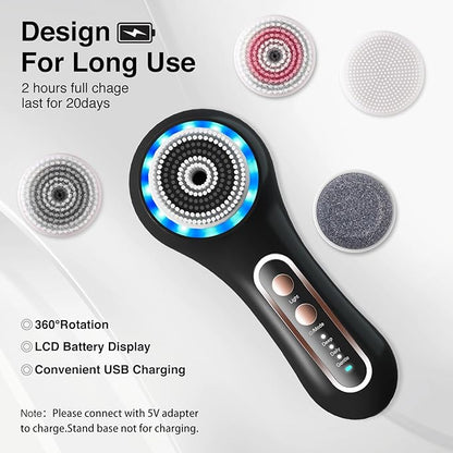 Face Scrubber Exfoliator,Facial Cleansing Brushes Rechargeable IPX7 Waterproof with 5 Brush Heads,Electric Face Spin Brush for Exfoliating, Massaging and Deep Cleansing (Black+Gold)