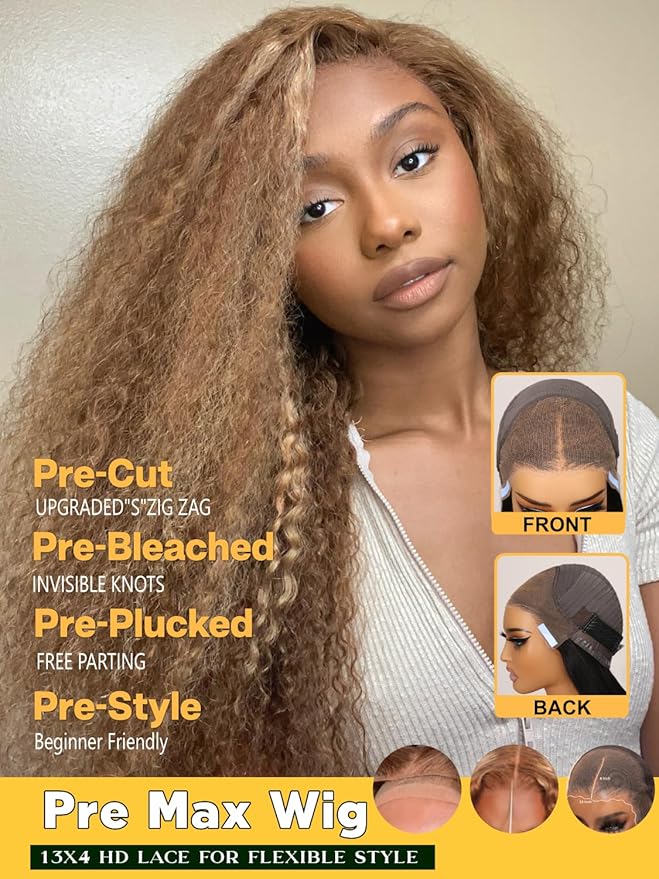 Sunber Curly Human Hair Lace Front Wig Put On and Go Bye Bye Knots Highlight Honey Blonde Curly 13x4 Lace Front Pre Cut Lace With Baby Hair 180% Density No Glue 3S Wear and Go 18Inch Beginner Friendly