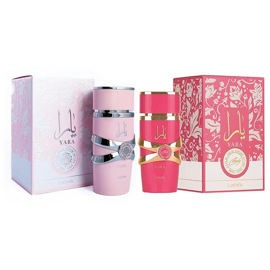 Lattafa 2 Piece Fragrance Bundle for Women (3.4 Ounce Yara Eau De Parfum Spray + 3.4 Ounce Yara Candy Eau De Parfum Spray)