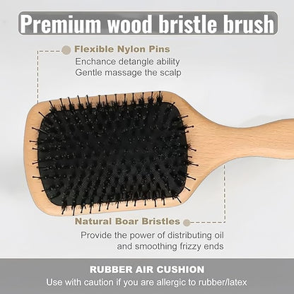 Boar Bristle Hair Brush and Comb Set for Women Men Kids, Best Natural Wooden Paddle Hairbrush and Small Travel Styling Brush for Wet or Dry Hair Detangling Smoothing Massaging(black)