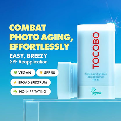 Cotton Airy Sun Stick SPF 50 Broad Spectrum Korean Matte Sunscreen Stick for Face - Travel Size Sebum Control Sunblock -Vegan, Lightweight, Non-Sticky 0.67 oz